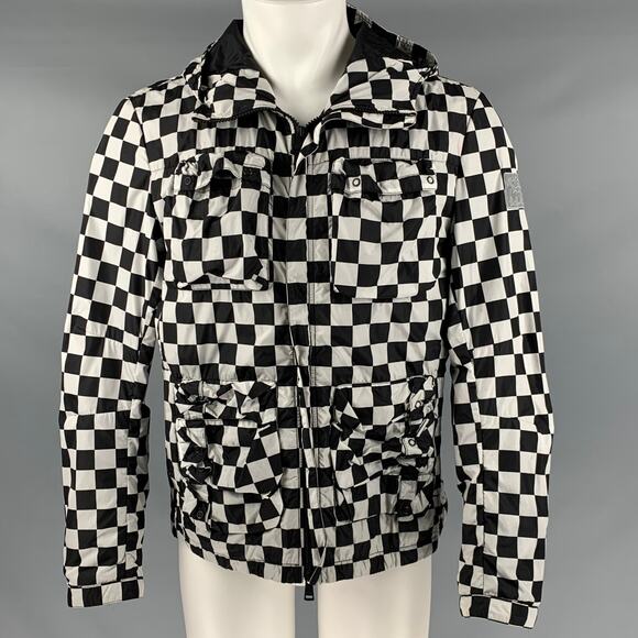 NICK WOOSTER Size M Black White Checkered Nylon Hooded Jacket - Picture 1 of 10